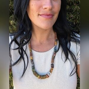 Vintage Hand Painted African Ghana Krobo Powder Glass Beads Necklace Boho Hippie